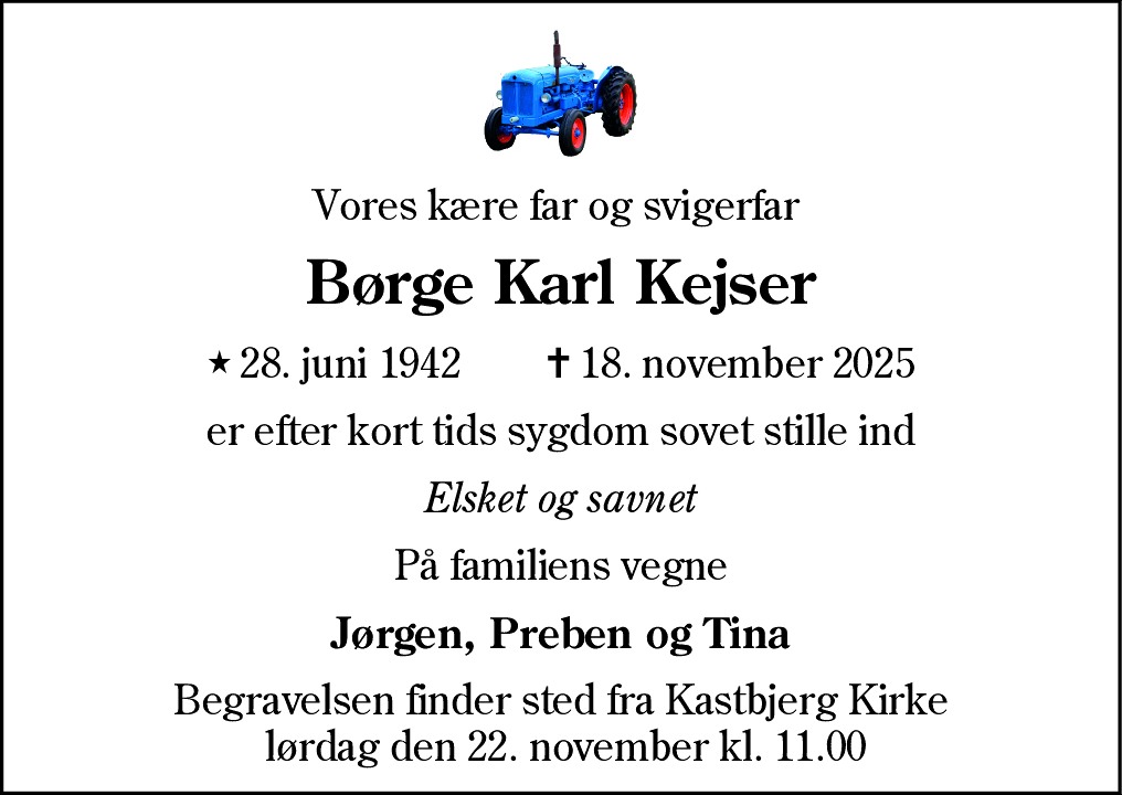 Dødsannonce for Børge Karl Kejser