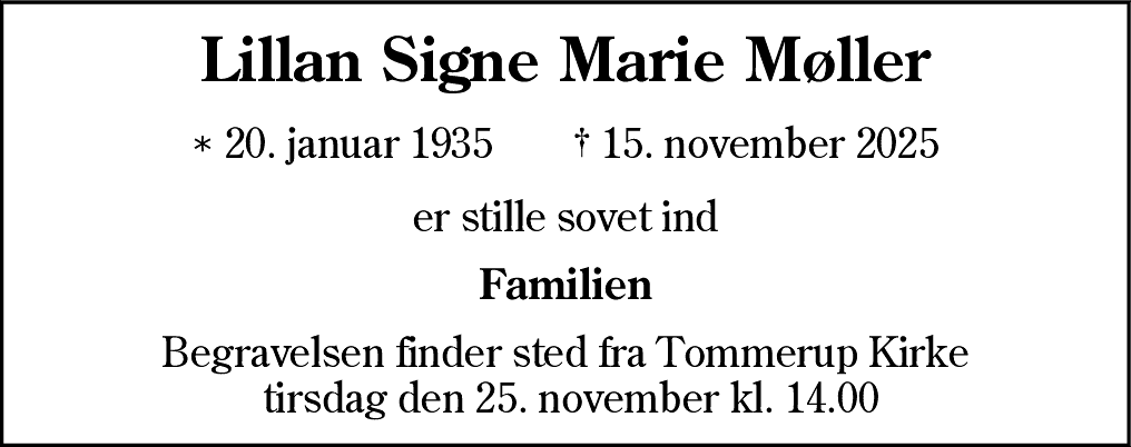 Dødsannonce for Lillan Signe Marie Møller