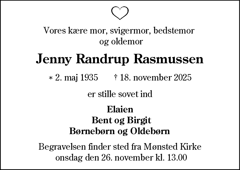 Dødsannonce for Jenny Nielsine Randrup Rasmussen