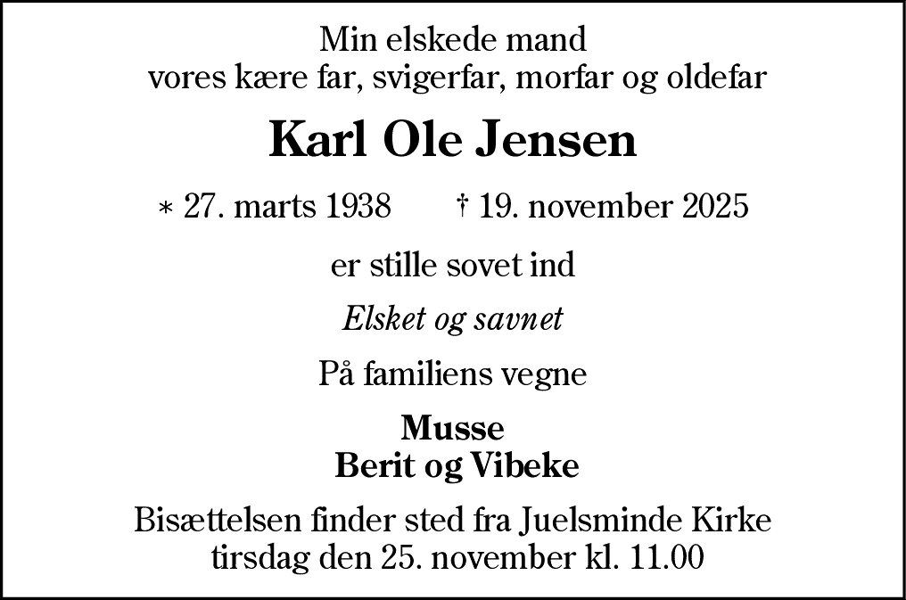 Dødsannonce for Karl Ole Jensen