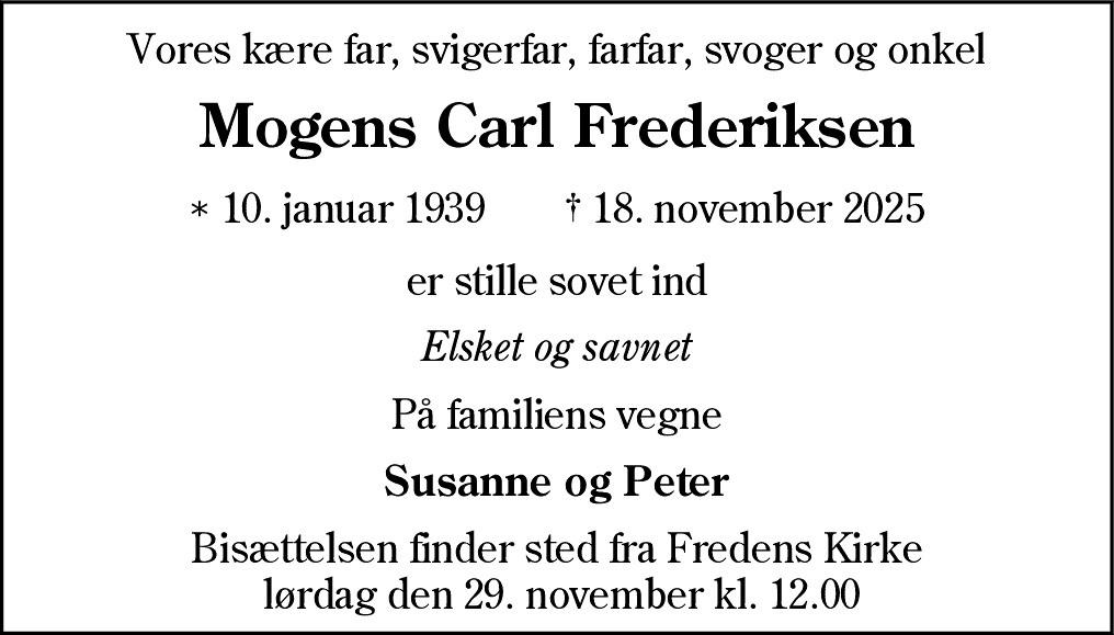 Dødsannonce for Mogens Carl Frederiksen