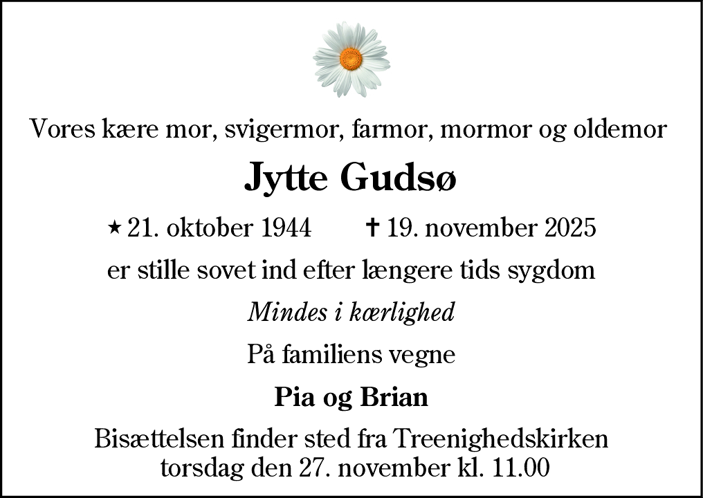 Dødsannonce for Jytte Gudsø