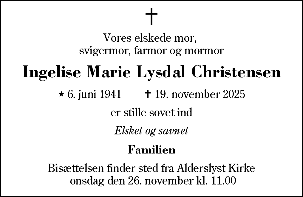 Dødsannonce for Ingelise Marie Lysdal Christensen