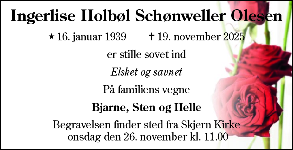 Dødsannonce for Ingerlise Holbøl Schønweller Olesen