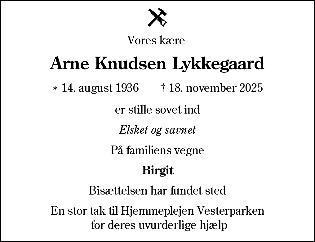 Dødsannonce for Arne Knudsen Lykkegaard