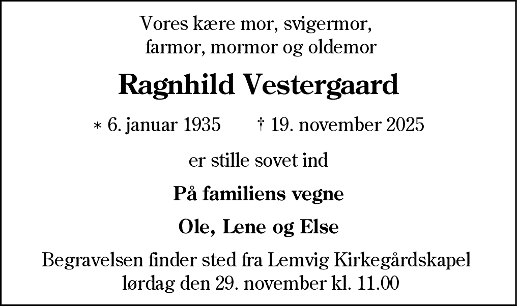 Dødsannonce for Ragnhild Vestergaard