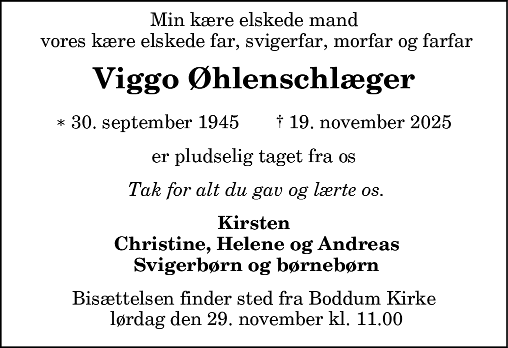 Dødsannonce for Viggo Øhlenschlæger
