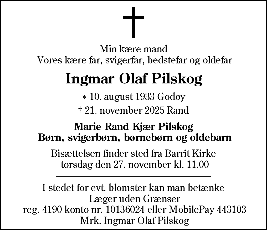 Dødsannonce for Ingmar Olaf Pilskog