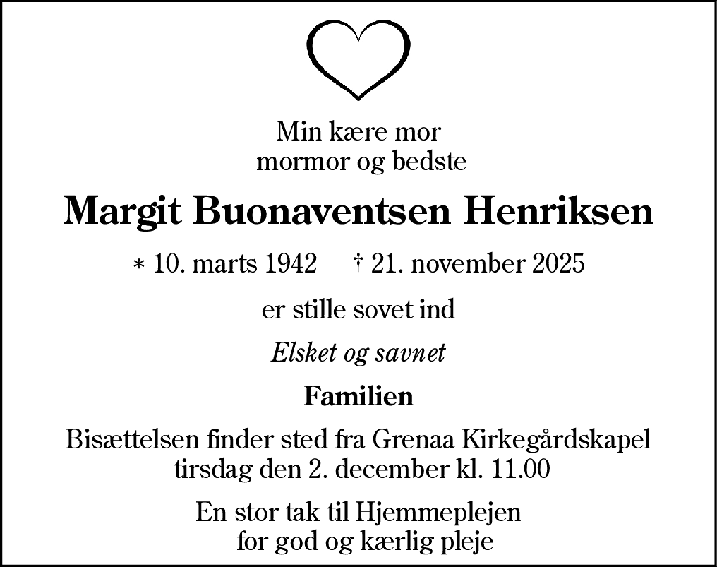 Dødsannonce for Margit Buonaventsen Henriksen