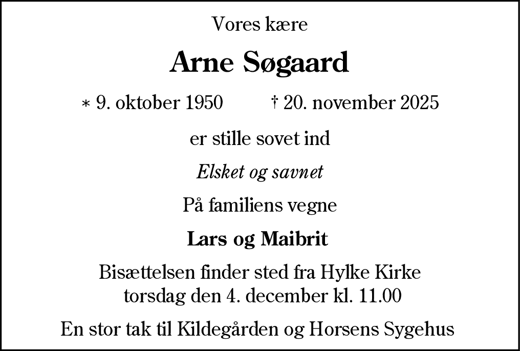 Dødsannonce for Arne Søgaard
