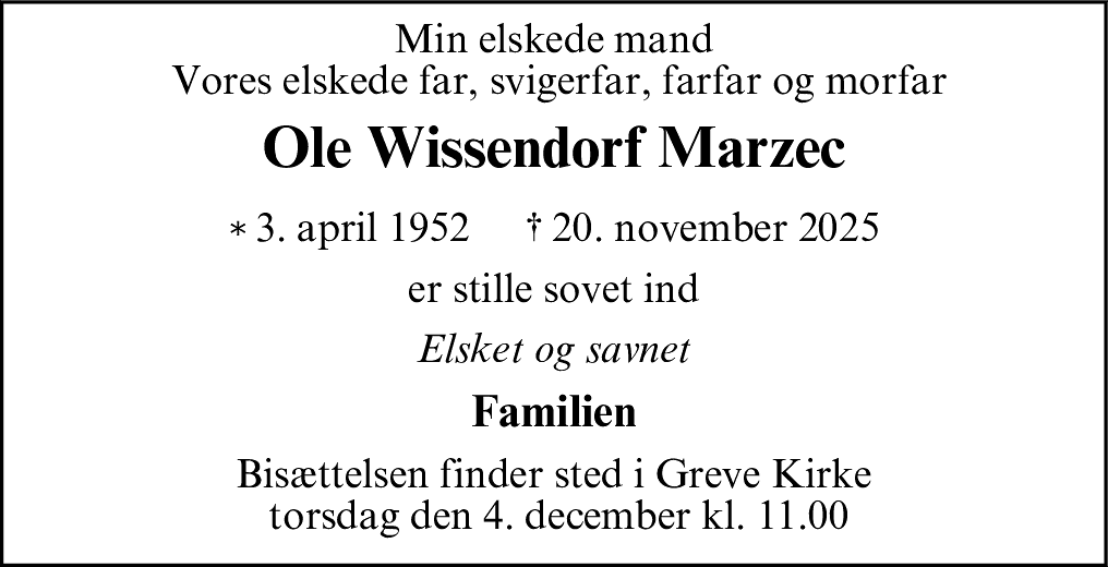 Dødsannonce for Ole Wissendorf Marzec