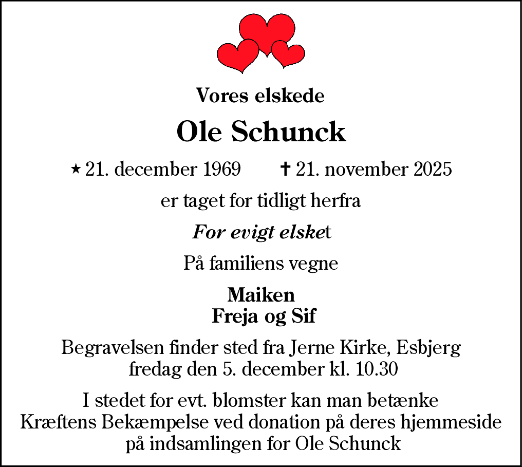 Dødsannonce for Ole Schunck