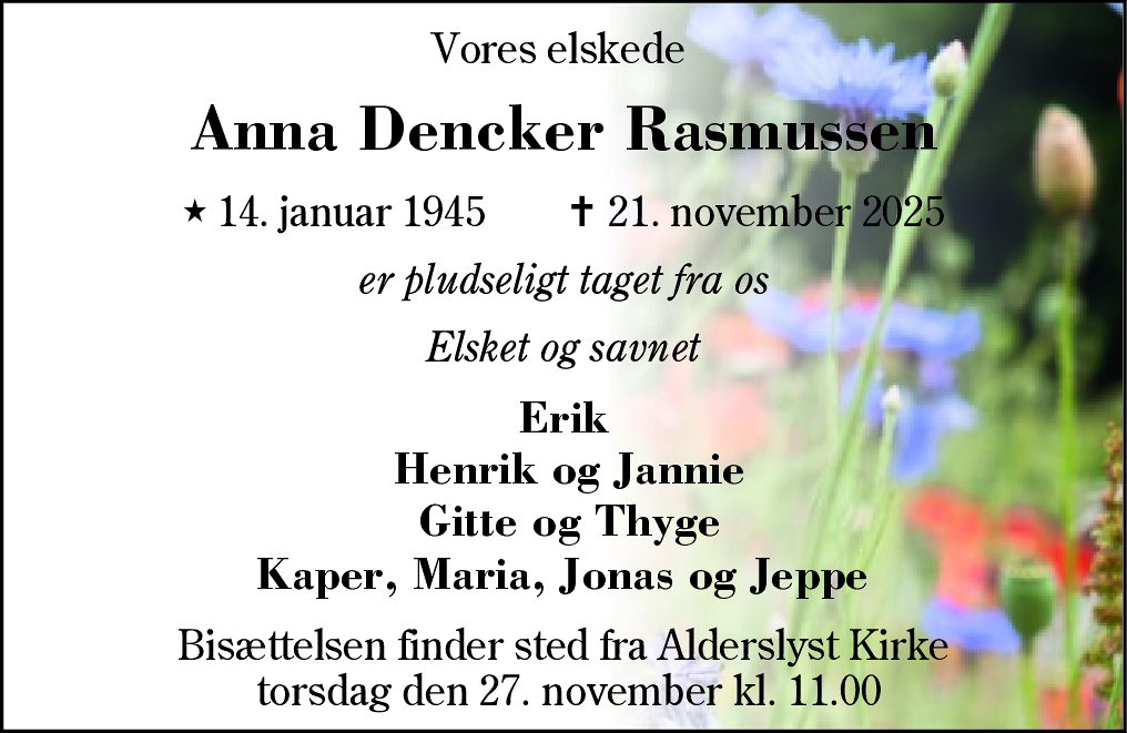 Dødsannonce for Anna Dencker Rasmussen
