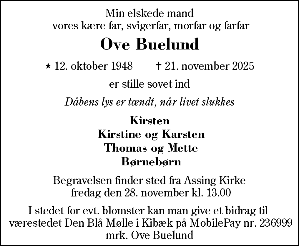 Dødsannonce for Ove Buelund