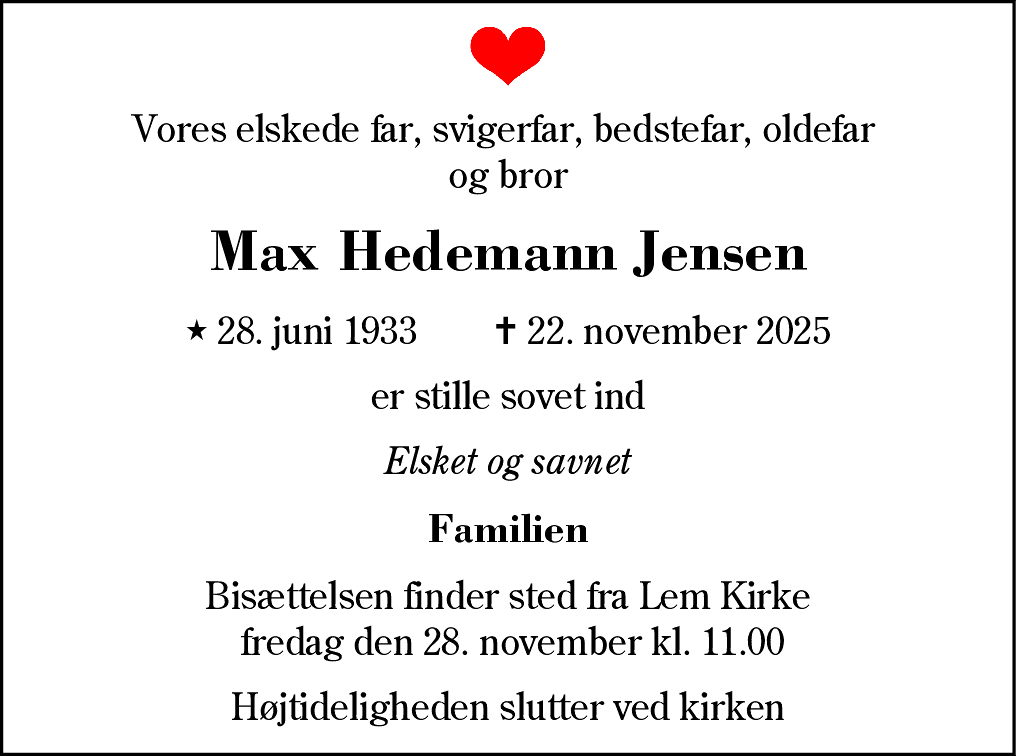 Dødsannonce for Max Hedemann Jensen