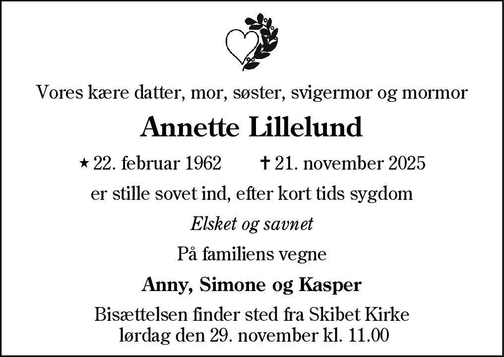 Dødsannonce for Annette Lillelund