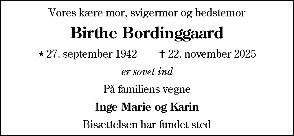 Dødsannonce for Birthe Bordinggaard