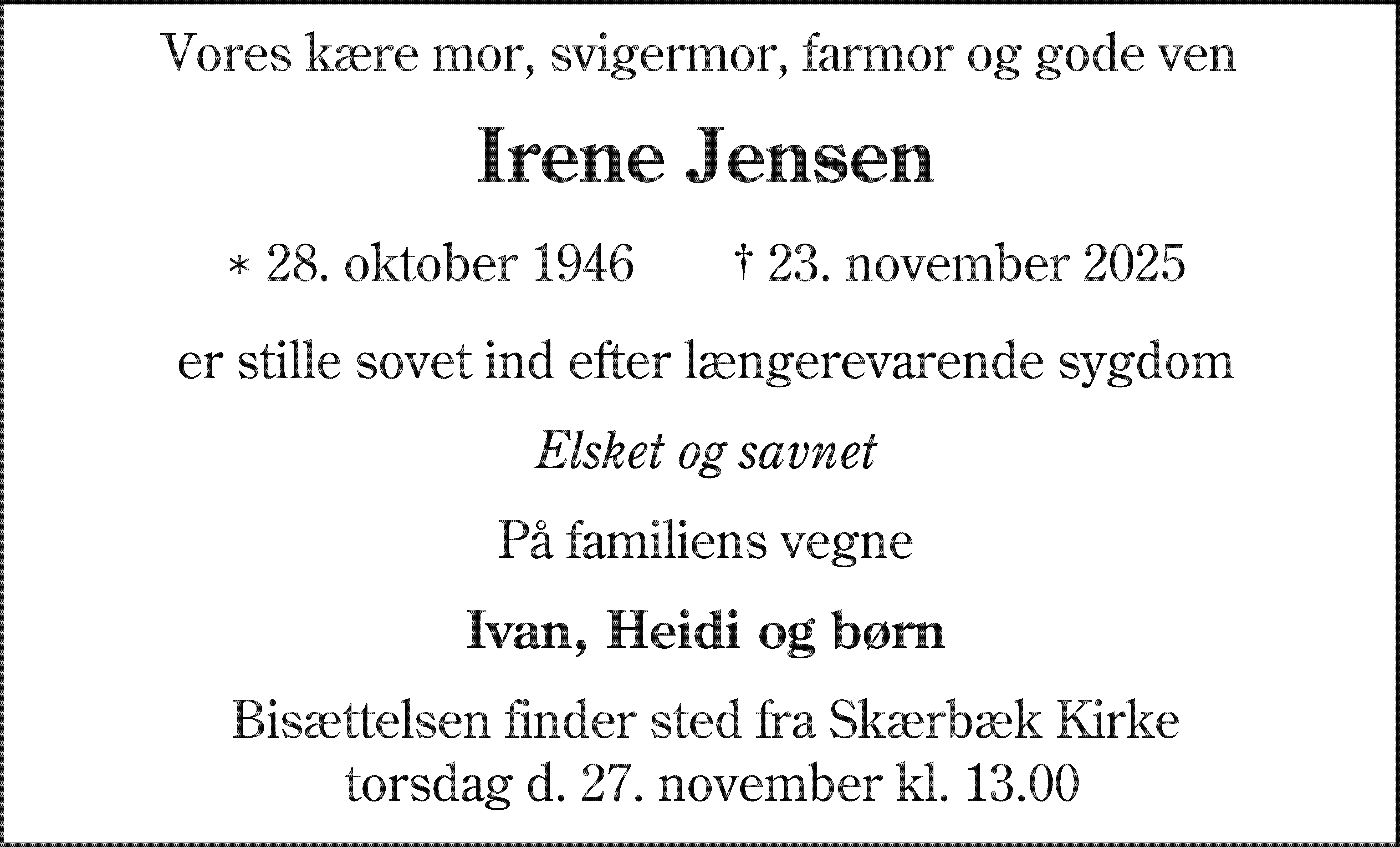 Dødsannonce for Irene Jensen