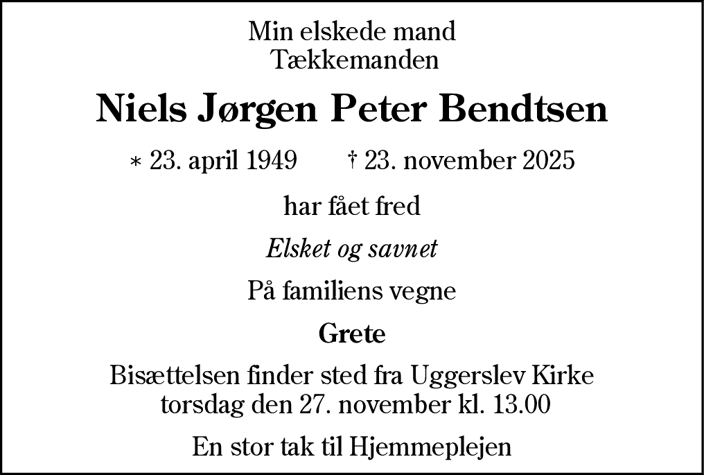 Dødsannonce for Niels Jørgen Peter Bendtsen