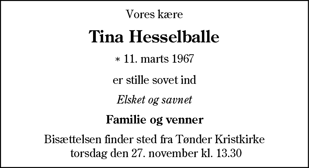 Dødsannonce for Tina Hesselballe