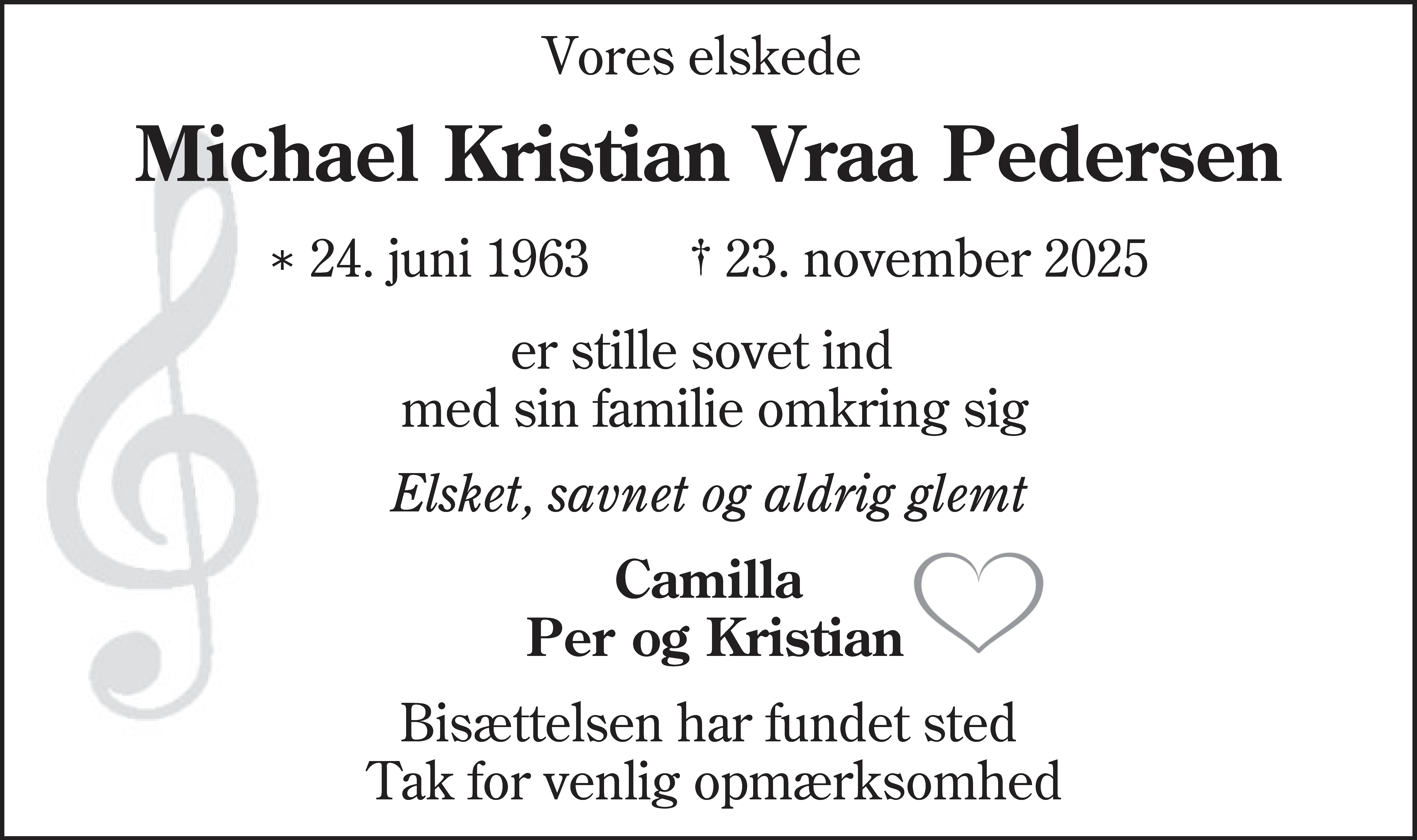 Dødsannonce for Michael Kristian Vraa Pedersen