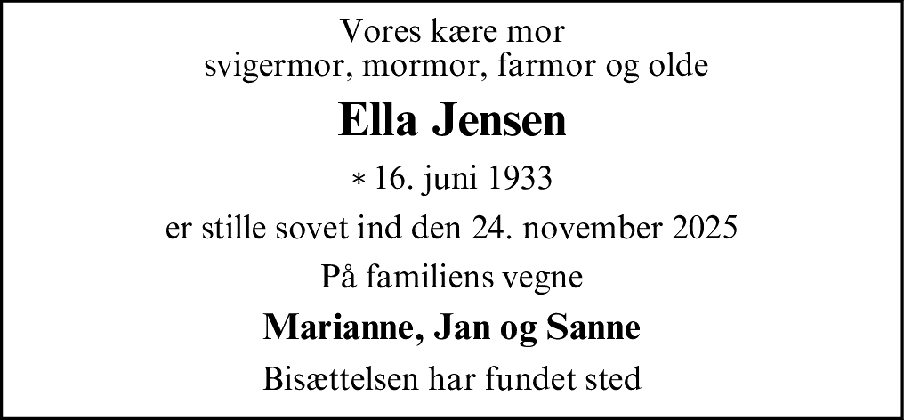 Dødsannonce for Ella Jensen