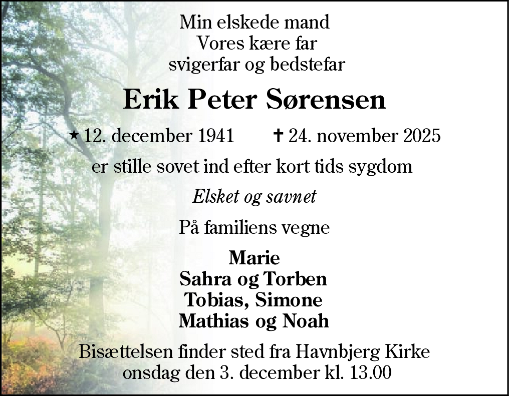 Dødsannonce for Erik Peter Sørensen
