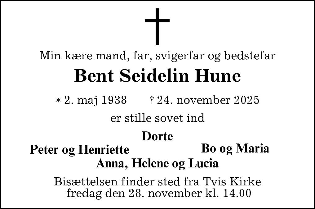 Dødsannonce for Bent Seidelin Hune