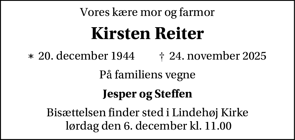 Dødsannonce for Kirsten Marianna Reiter