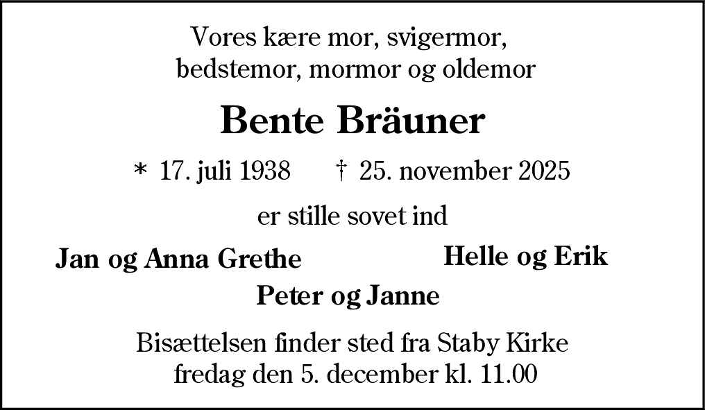 Dødsannonce for Bente Bräuner