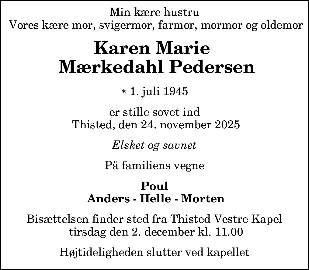 Dødsannonce for Karen Marie Mærkedahl Pedersen