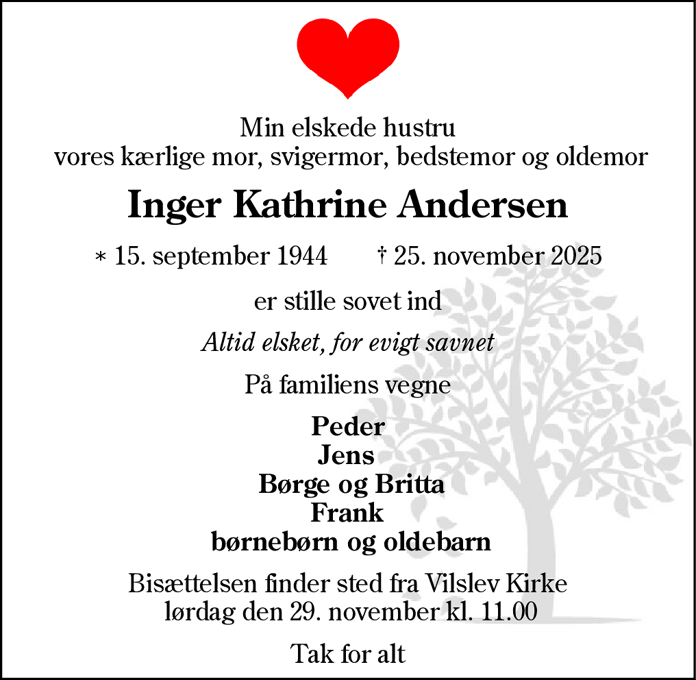 Dødsannonce for Inger Kathrine Andersen