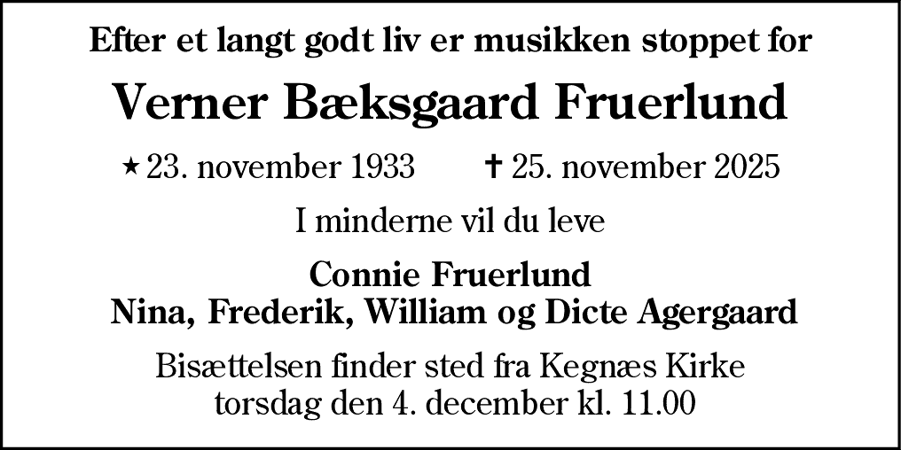 Dødsannonce for Verner Bæksgaard Fruerlund