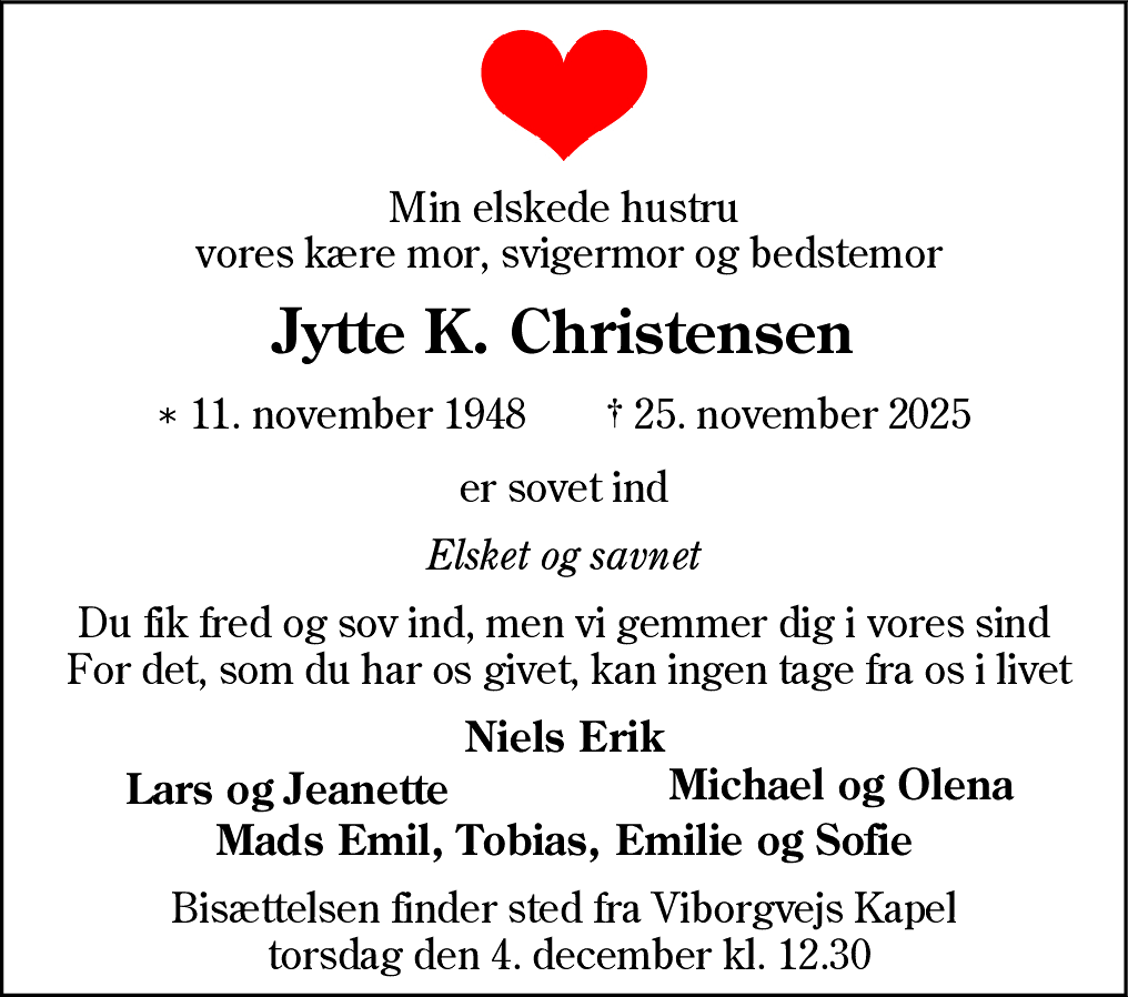 Dødsannonce for Jytte Kjærgaard Christensen