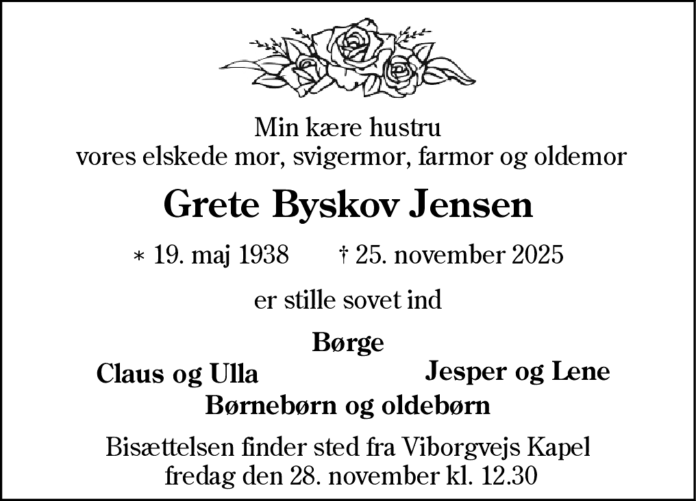 Dødsannonce for Grete Dorthea Byskov Jensen