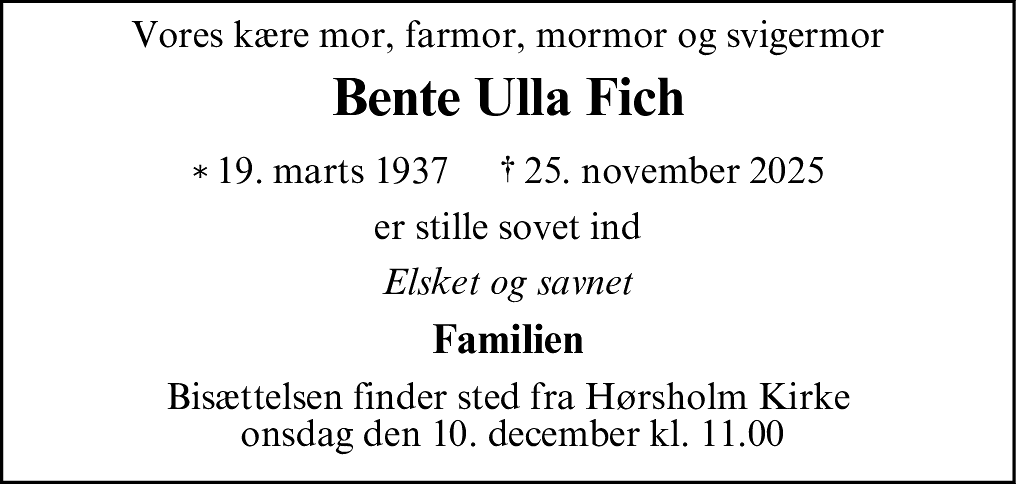 Dødsannonce for Bente Ulla Fich