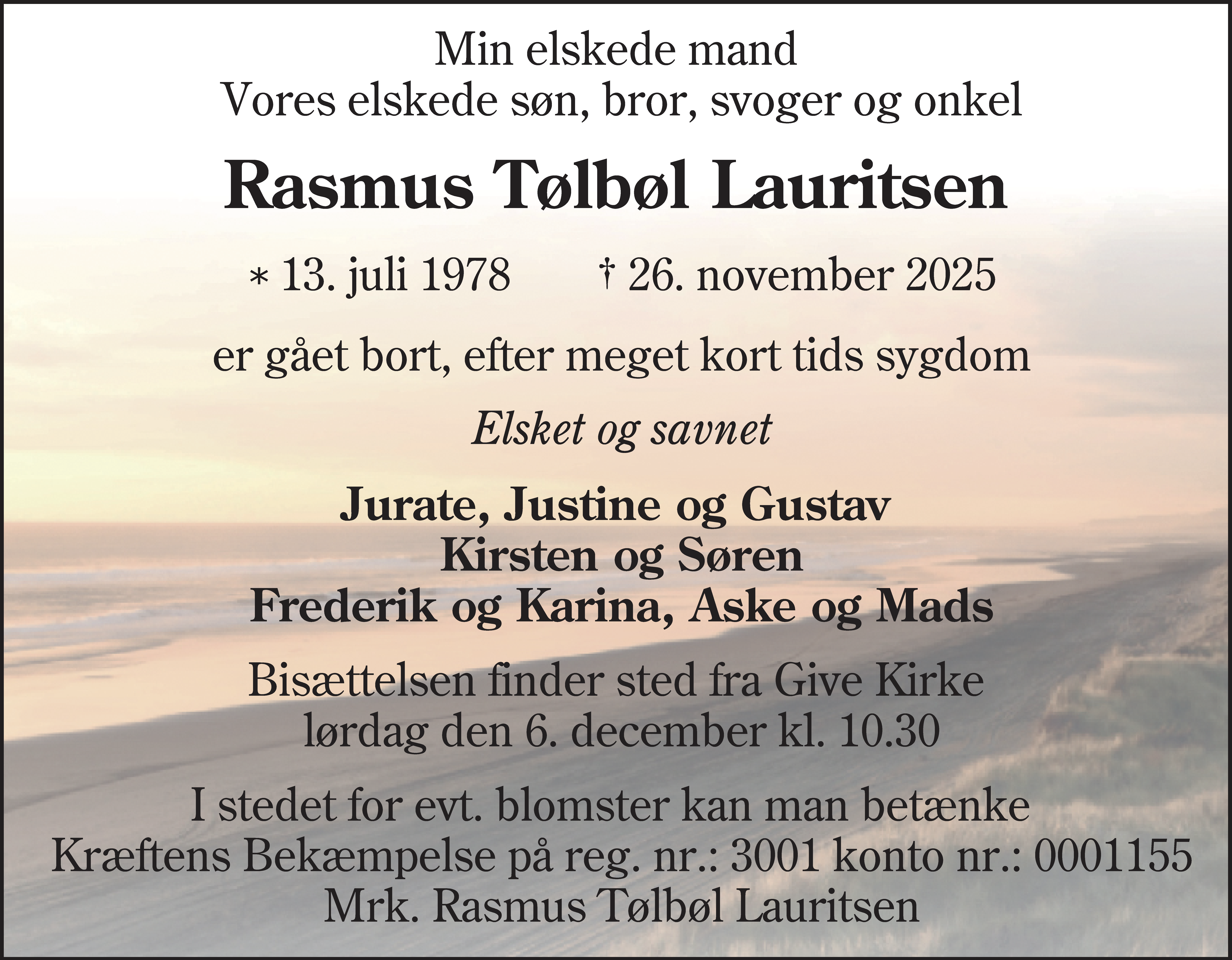 Dødsannonce for Rasmus Tølbøl Lauritsen