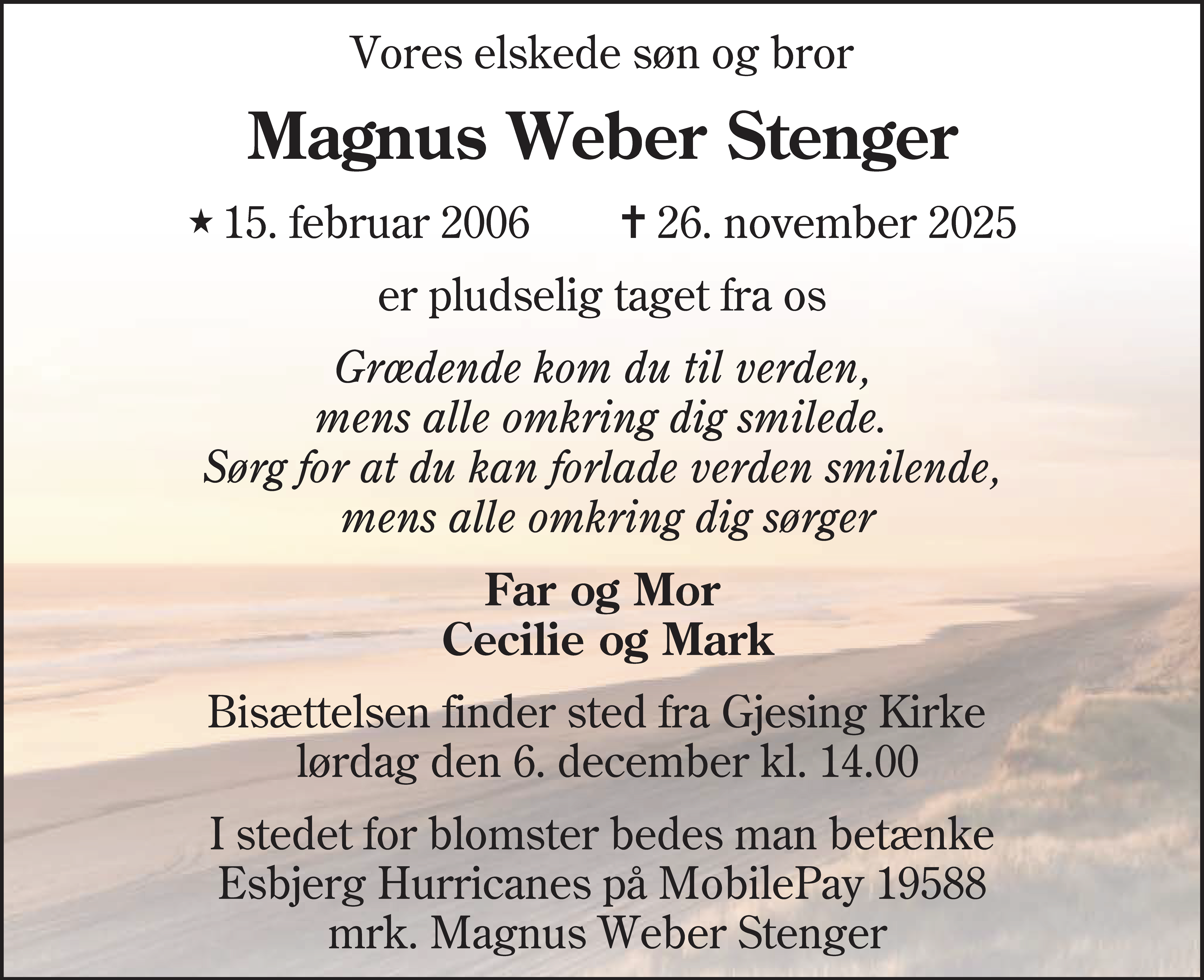 Dødsannonce for Magnus Weber Stenger