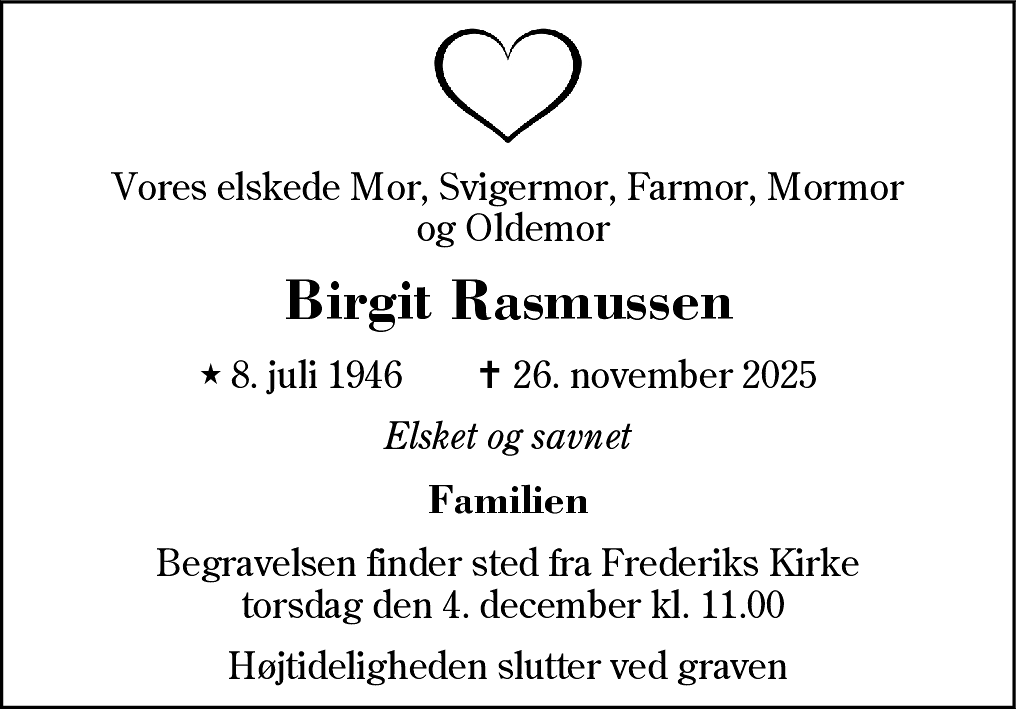 Dødsannonce for Birgit Rasmussen