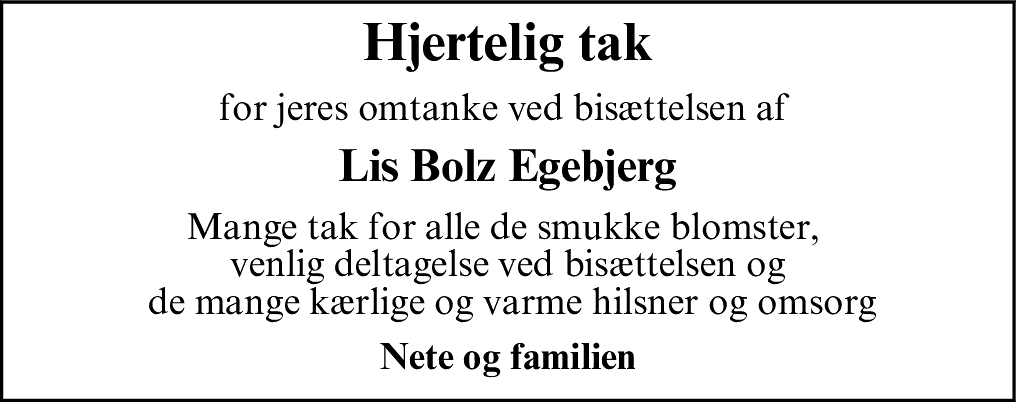 Dødsannonce for Lis Bolz Egebjerg