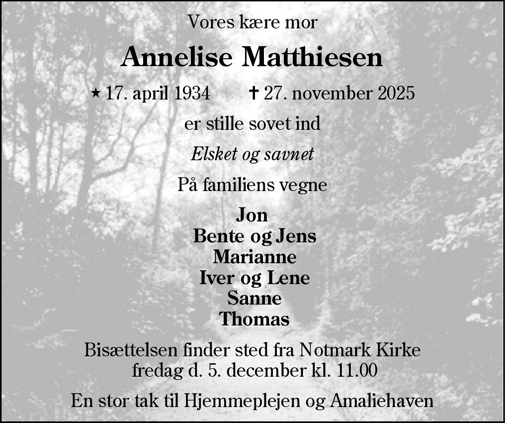 Dødsannonce for Annelise Matthiesen