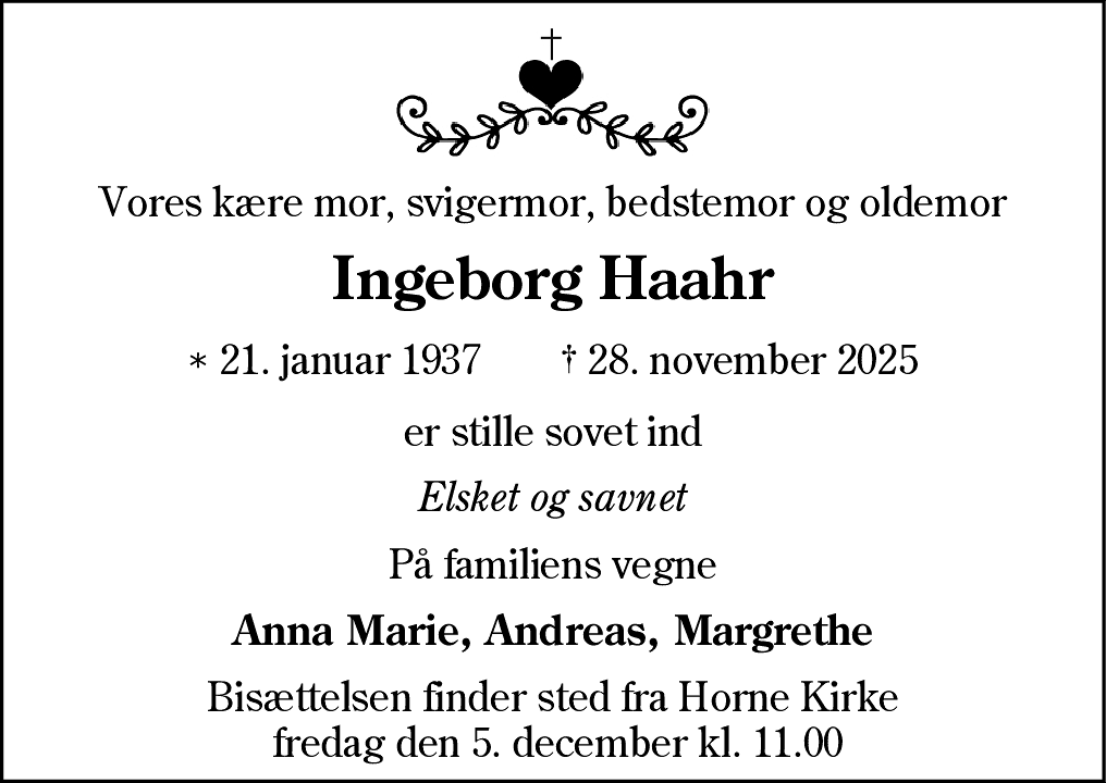 Dødsannonce for Ingeborg Haahr