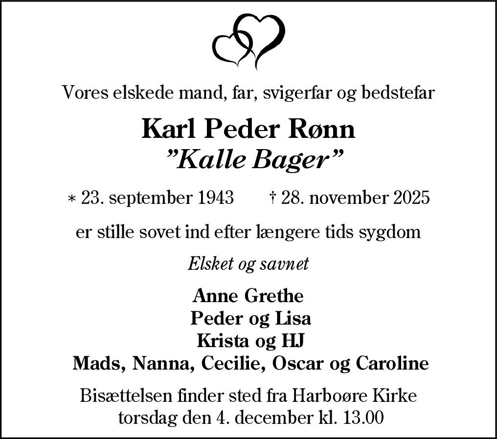 Dødsannonce for Karl Peder Rønn