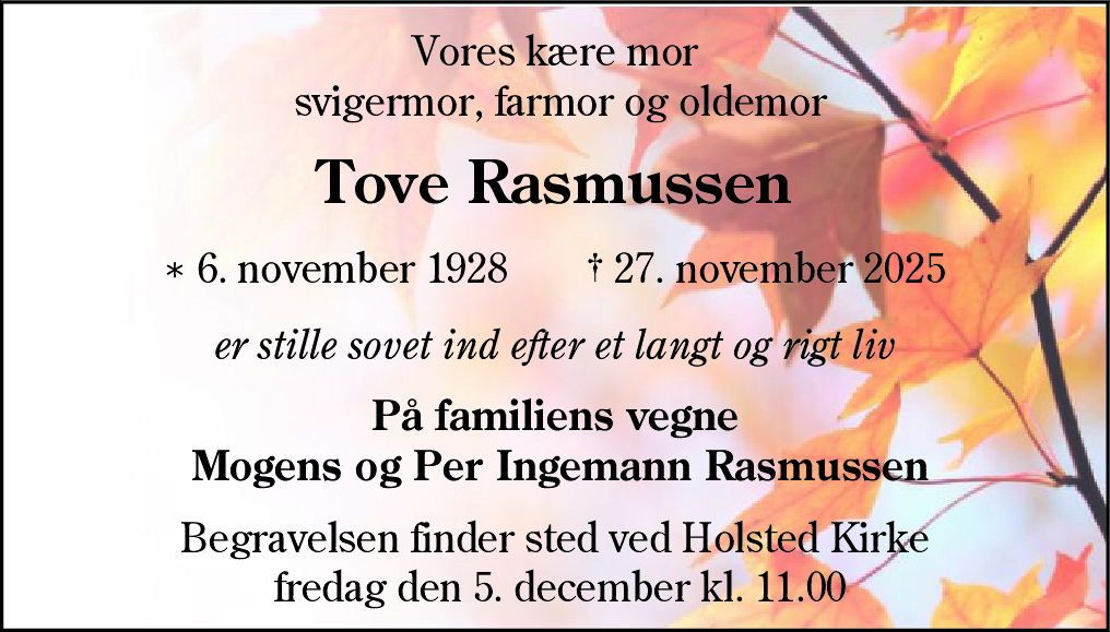 Dødsannonce for Tove Rasmussen