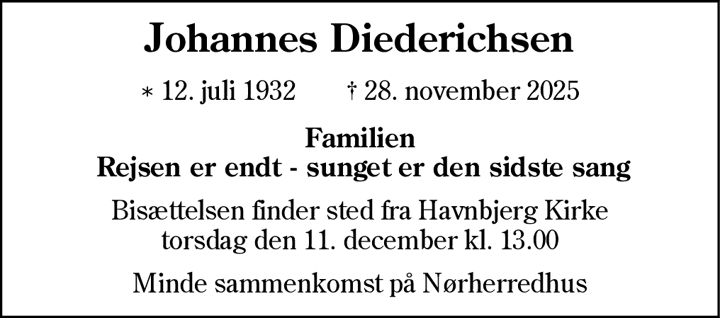 Dødsannonce for Johannes Diederichsen