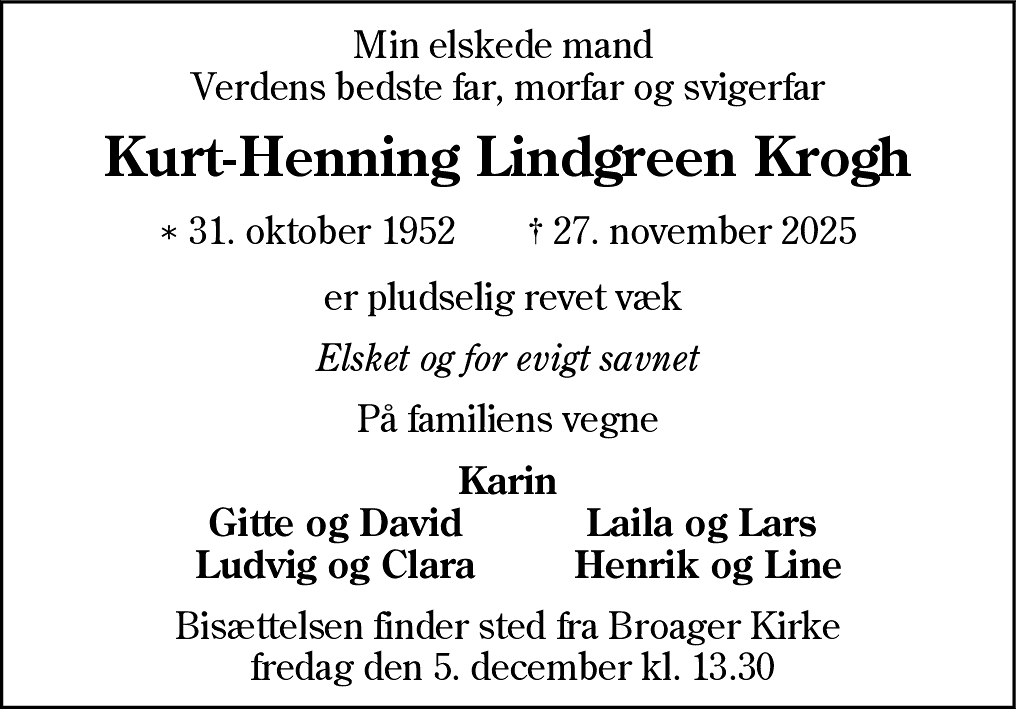 Dødsannonce for Kurt-Henning Lindgreen Krogh