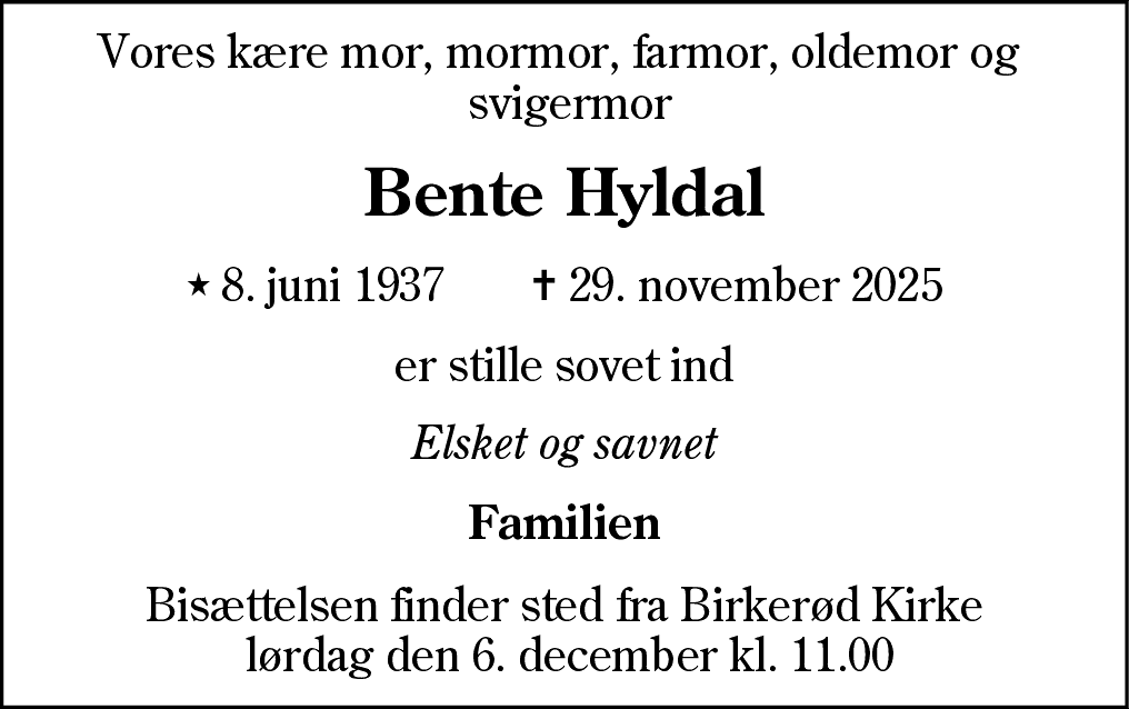 Dødsannonce for Bente Hyldal