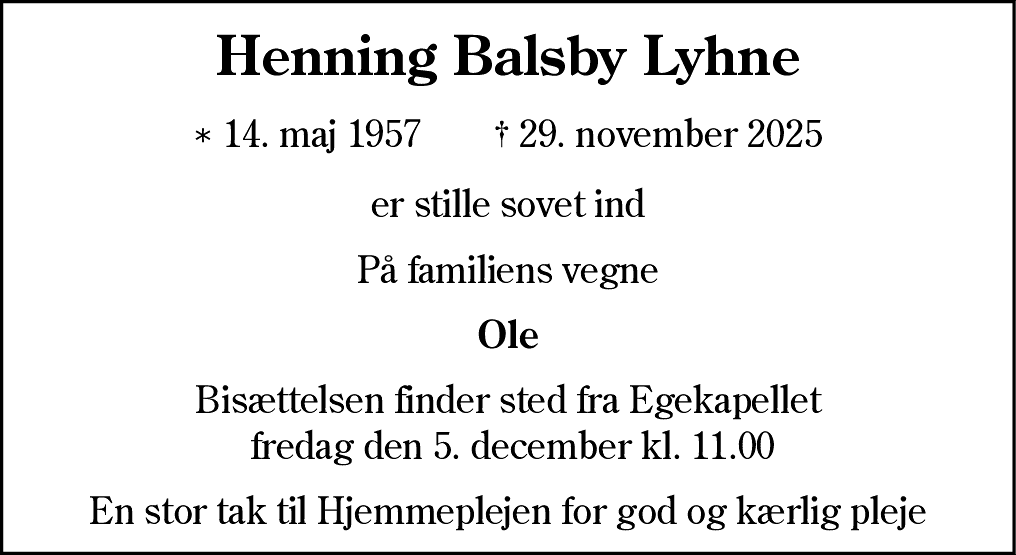 Dødsannonce for Henning Balsby Lyhne