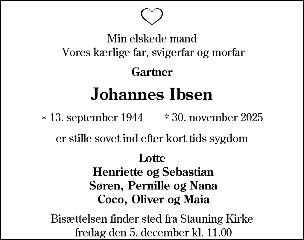Dødsannonce for Johannes Ibsen