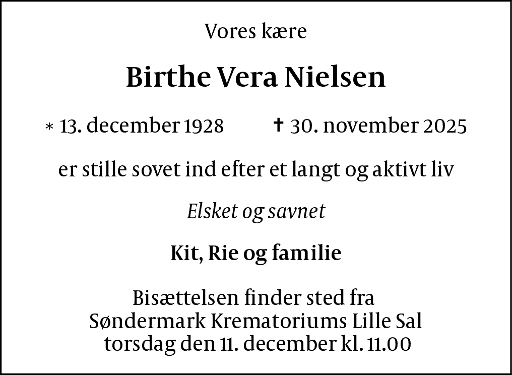 Dødsannonce for Birthe Vera Nielsen